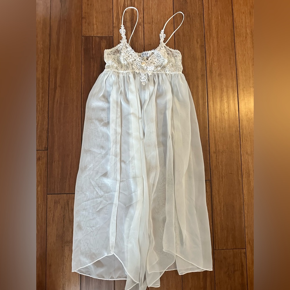 Vintage Ivory Sheer Lace Chiffon Nightgown Slip Dress